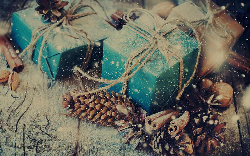 Christmas, cones, Christmas decorations, blue gift boxes, New Year, snow, HD wallpaper