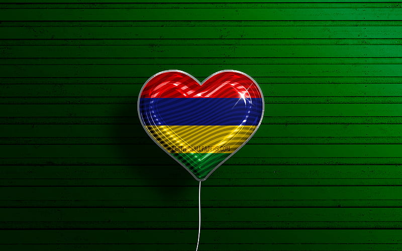 I Love Mauritius realistic balloons, green wooden background, African countries, Mauritius flag heart, favorite countries, flag of Mauritius, balloon with flag, Mauritius flag, Mauritius, Love Mauritius, HD wallpaper