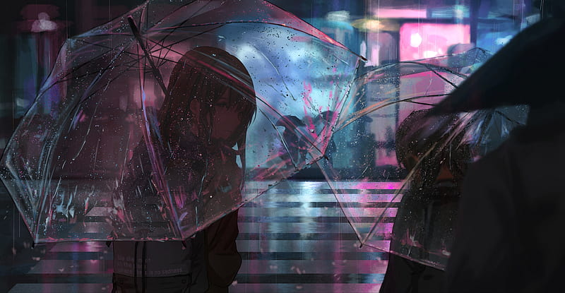 anime girl, thriller, night, umbrella, raining, road, dark, people, Anime, HD wallpaper