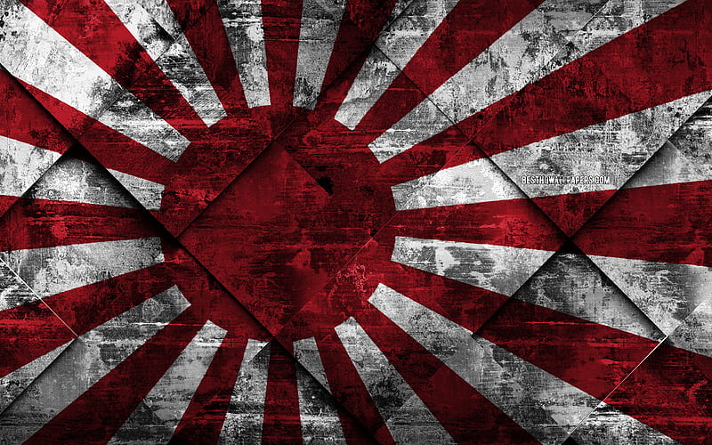 Rising Sun Flag of Japan, imperial japanese flag, japan Maritime Self-Defense Force Flag, japanese flag, grunge art, rhombus grunge texture, japan, HD wallpaper