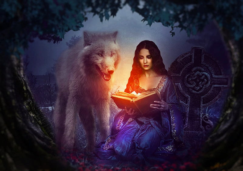 With my Beloved, pretty, forest, art, lovely, bonito, woman, fantasy, reading, girl, digital, wolf, HD wallpaper
