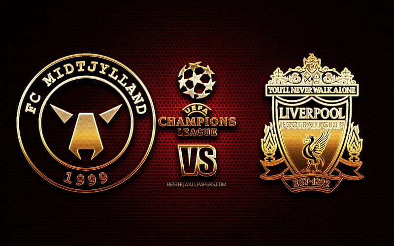 Midtjylland vs Liverpool, season 2020-2021, Group D, UEFA Champions League, metal grid backgrounds, golden glitter logo, Liverpool FC, Midtjylland FC, UEFA, HD wallpaper