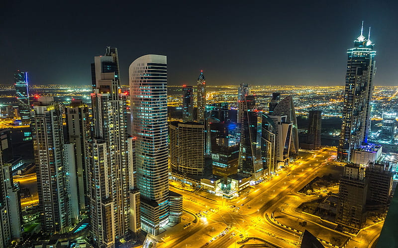 Dubai, skyscrapers, night, UAE, modern buildings, crossroads, modern city, HD wallpaper