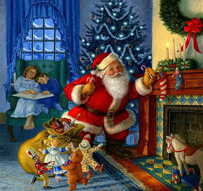 Santa's Visit, ornaments, window, children, artwork, tree, balls, painting, toys, gifts, HD wallpaper