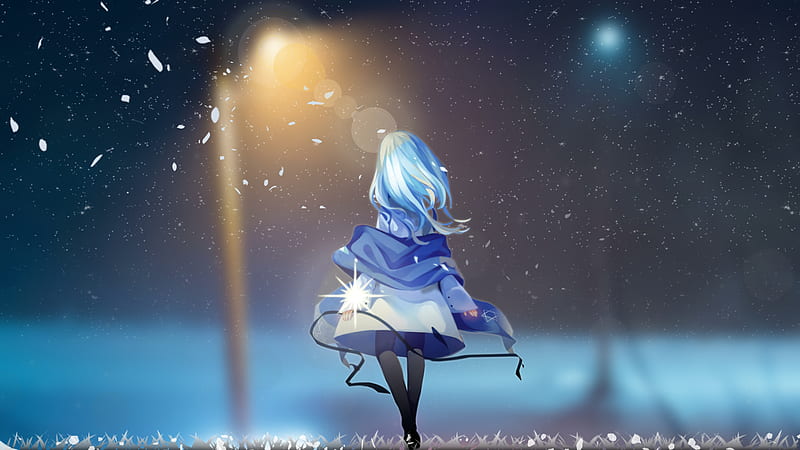 anime girl, petals, back view, snow, street light, blue hair, Anime, HD wallpaper