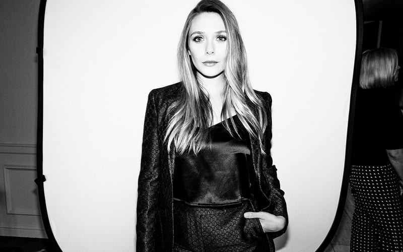 Elizabeth Olsen, american actress, portrait, monochrome, hoot, black leather dress, american star, HD wallpaper