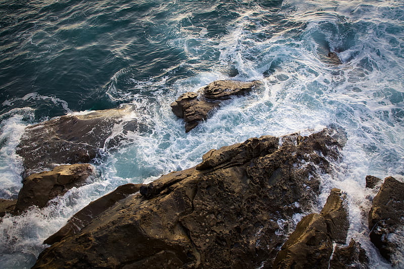 sea, rocks, waves, water, HD wallpaper