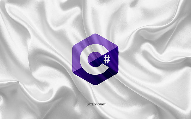C Sharp logo, white silk texture, C Sharp emblem, programming language, C Sharp, silk background, HD wallpaper