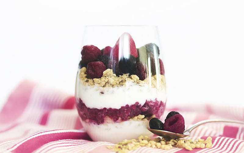dessert with raspberries, berries, yogurt, milk desserts, raspberries, yogurt with raspberries, HD wallpaper
