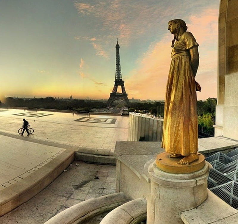 Paris, architecture, Eiffel tower, gold, monument, statue, HD wallpaper