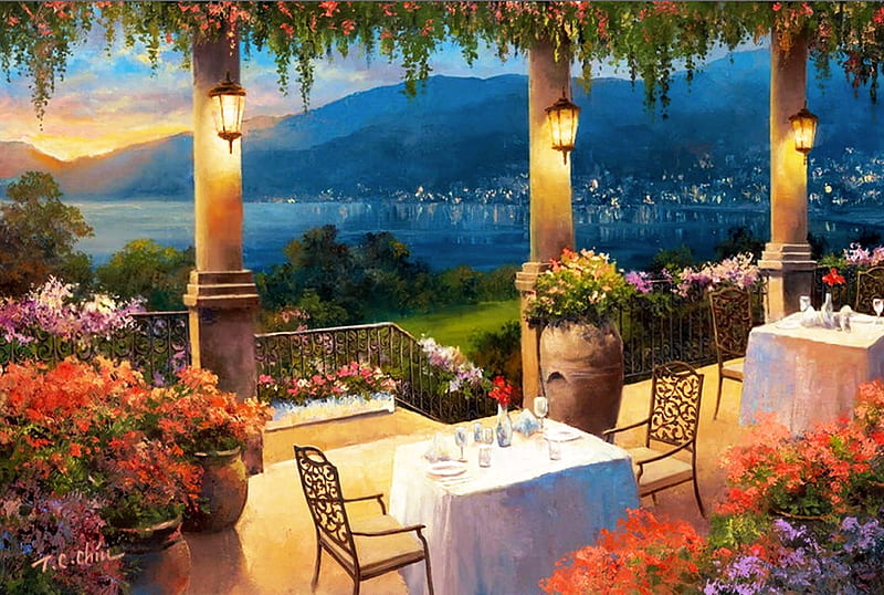 Amalfi Holiday, tables, artwork, lights, sea, restaurant, painting, chairs, flowers, evening, coast, HD wallpaper
