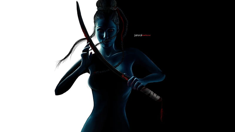 Samurai girl, fantasy, girl, samurai, katana, black, white, sword, HD wallpaper
