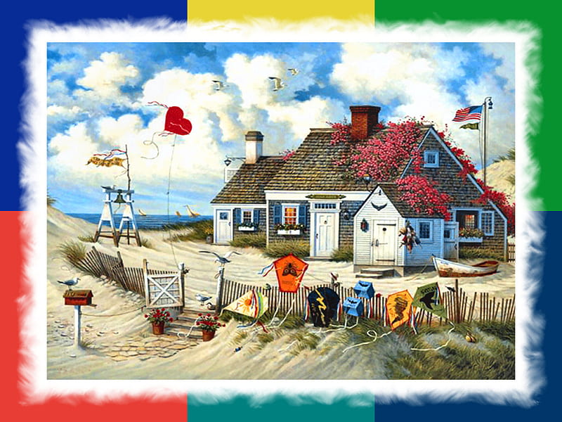 Butterfield's F2, art, charles wysocki, wysocki, cottage, ocean, kites, surf, oceanside, sea, beach, painting, seaside, HD wallpaper