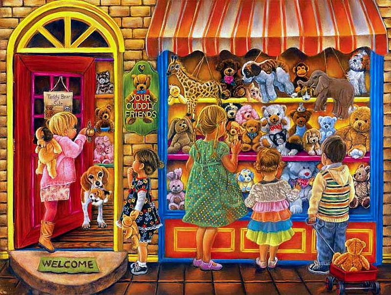 The Cuddly Toy Shop, shop, welcome, children, teddy bear, toys, dog, cuddly, HD wallpaper