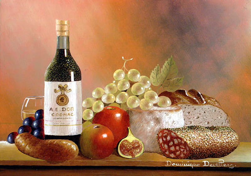 Food painting, apple, art, food, wine, bread, eat, fruit, grape, painting, drink, meat, HD wallpaper