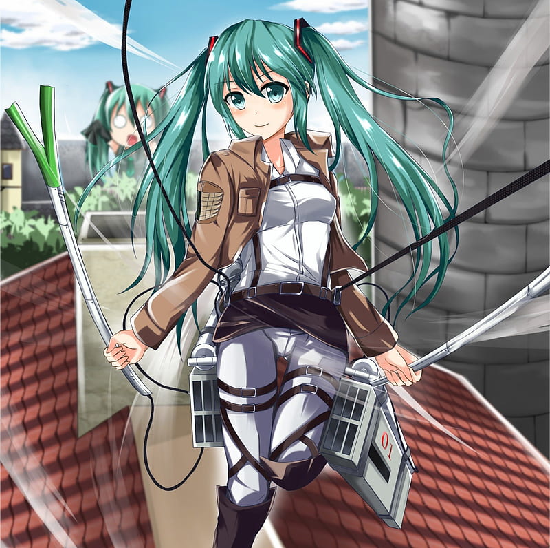 Shingeki no Vocaloid, house, hatsune miku, green eyes, crossover, city, twin tail, blade, anime, hot, anime girl, weapon, vocaloids, long hair, sword, vocaloid, female, roof, twintail, miku, twintails, sexy, roof top, twin tails, rooftop, building, cute, hatsune, girl, green hair, HD wallpaper