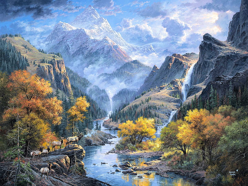 God's Country, trees, mountains, rocks, painting, creek, artwork, deer, HD wallpaper