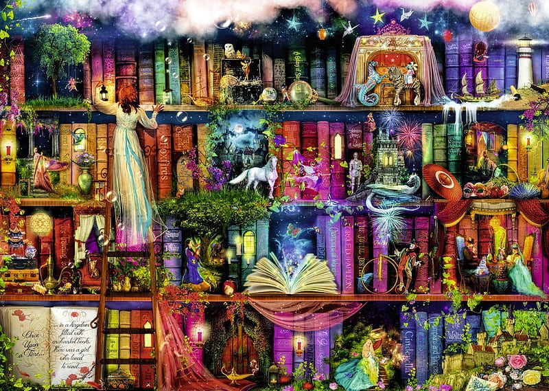 Fantasy Library, books, pretty, art, fantasy, library, digital, HD wallpaper