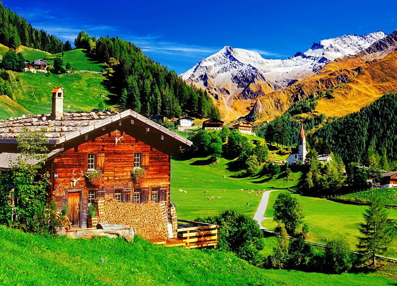 Tyrol-Italy, pretty, grass, cottage, cabin, bonito, mountain, nice, green, peaks, quiet, calmness, lovely, mountainscape, houses, greenery, flwoers, sky, freshness, Tyrol Italy, Europe, serenity, slope, vilalge, peaceful, nature, HD wallpaper