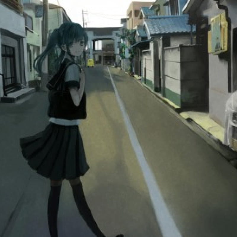 Way Back, pretty, house, scenic, hatsune miku, home, sweet, nice, city, anime, anime girl, scenery, vocaloids, road, street, night, vocaloid, female, lovely, town, miku, building, hatsune, girl, miku hatsune, scene, HD wallpaper