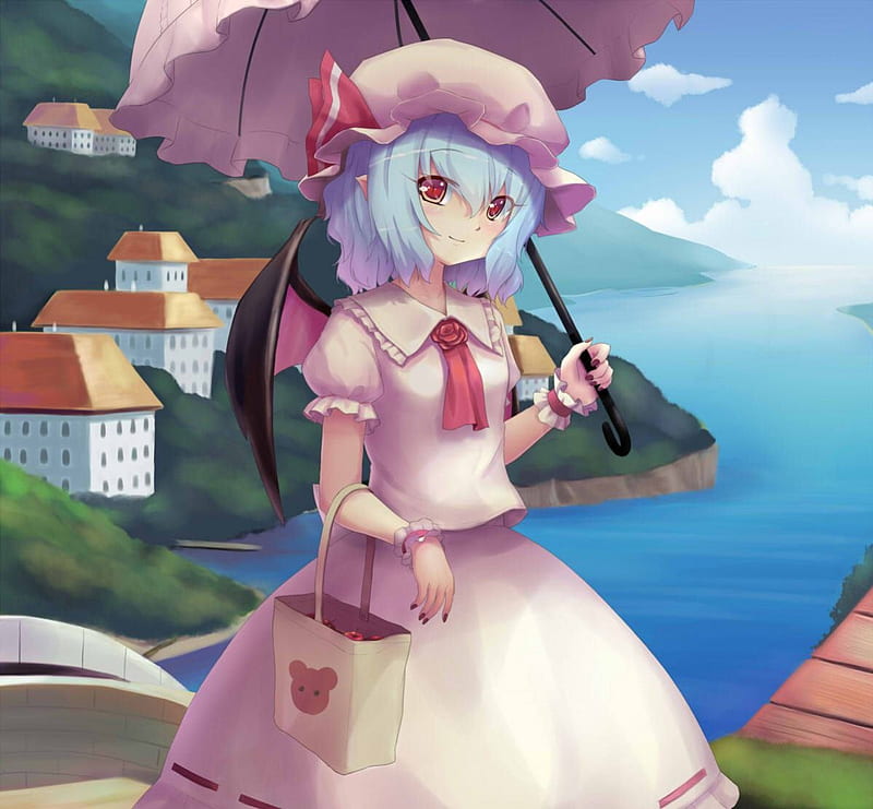 Remilia Scarlet, pretty, house, scarlet, umbrella, adorable, sweet, nice, anime, touhou, anime girl, lovely, ocean, ribbon, town, gown, sky, sexy, short hair, building, cute, water, scenic, dorable, dress, home, sea, city, hot, scenery, female, cloud, kawaii, girl, blue hair, remilia, scene, HD wallpaper