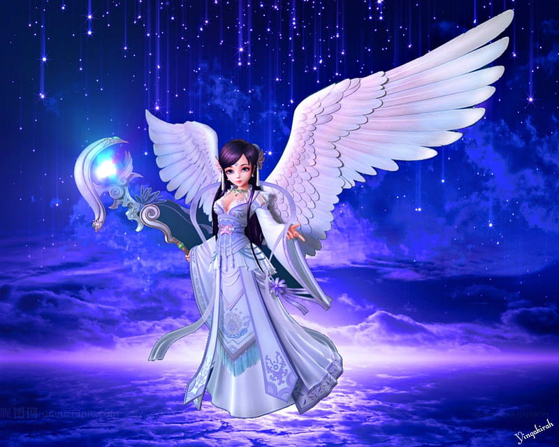 Cute angel, staff, fantasy, girl, angel, magical, sky, bue, HD wallpaper |  Peakpx