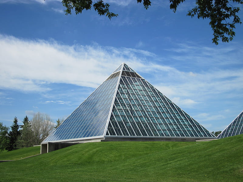 The Botanical Garden, glass, Pyramids, graphy, Modern, green, grass, sky, blue, HD wallpaper