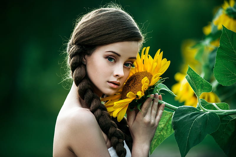 Beauty, model, yellow, sunflower, woman, vara, girl, green, summer, HD wallpaper
