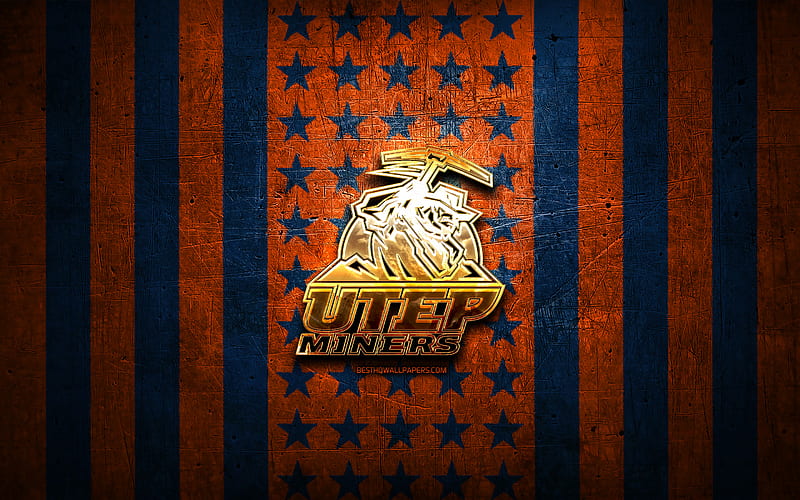 UTEP Miners flag, NCAA, orange blue metal background, american football team, UTEP Miners logo, USA, american football, golden logo, UTEP Miners, HD wallpaper