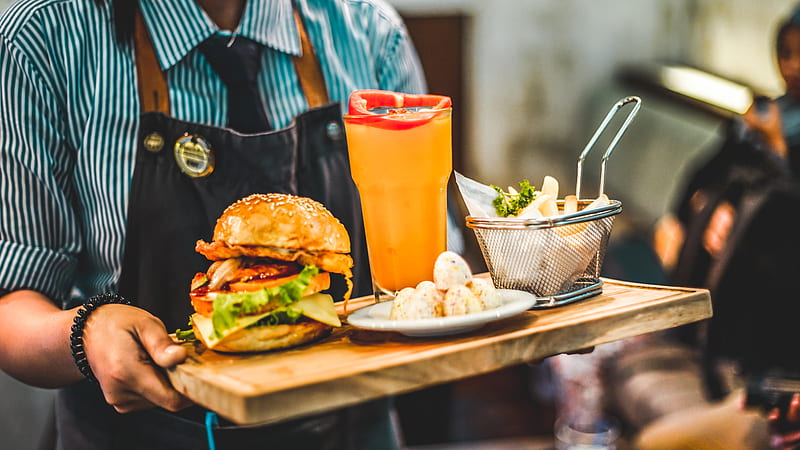 person serving burger with pitcher of juice, HD wallpaper