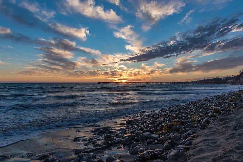 sunset, seascape, horizon, pier, clouds, stones, scenic, Nature, HD wallpaper