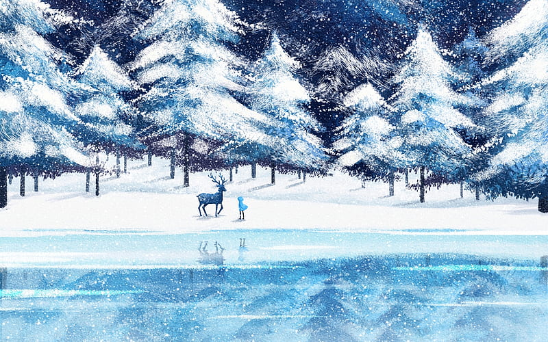 Winter, ga nguyen, luminos, iarna, lake, deer, tree, fantasy, girl, ice, frozen, white, blue, HD wallpaper
