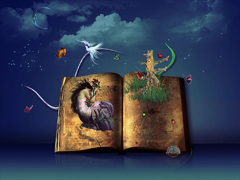 A Story Of Jungle !!!, book, abstract, sky, tree, fantasy, butterfly, girl, bird, star, night, HD wallpaper