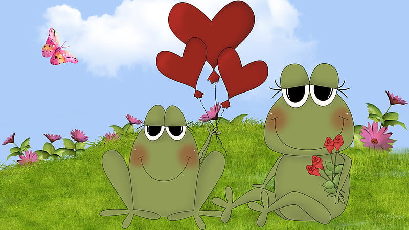 Frogs in Love, frogs, sping, firefox persona, sky, clouds, corazones, butterfly, summer, flowers, HD wallpaper