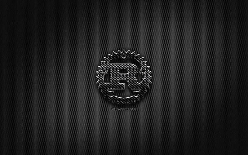 Rust black logo, programming language, grid metal background, Rust, artwork, creative, programming language signs, Rust logo, HD wallpaper