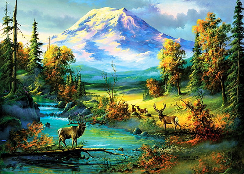 landscape, mountain, painting, river, deer, HD wallpaper