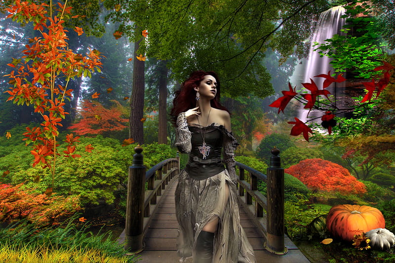 autumn girl, girl, gothic, landscape, grass, woman, halloween, fantasy, pumpkin, waterfall, autumn, bridge, trees, HD wallpaper