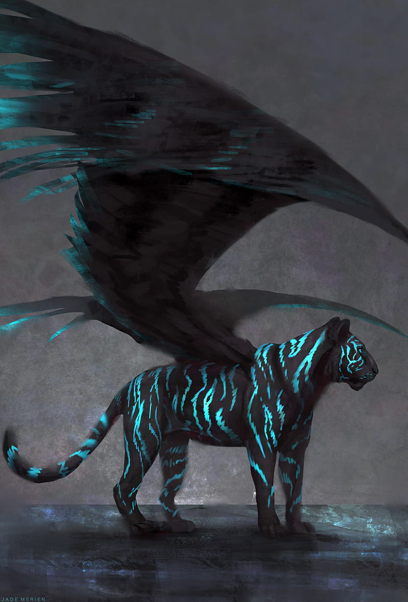 Wing Cat-JadeMerien, tiger, black, wings, nature, surreal, magic, fantasy, creature, HD phone wallpaper