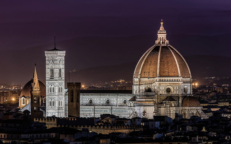 Santa Maria del Fiore, the cathedral, evening, night, attractions, Florence, Tuscany, Bellariva, Italy, HD wallpaper