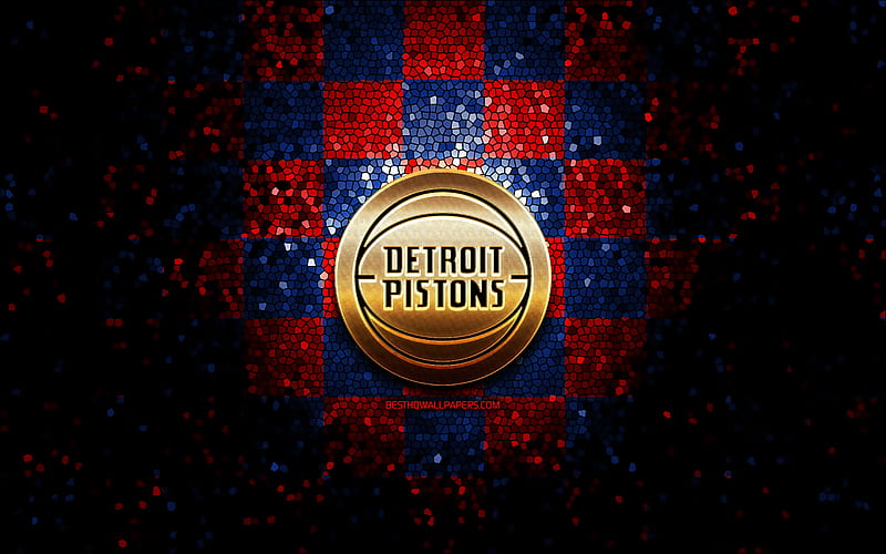 Detroit Pistons, glitter logo, NBA, red blue checkered background, USA, canadian basketball team, Detroit Pistons logo, mosaic art, basketball, America, HD wallpaper