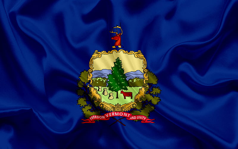 Vermont State Flag, flags of States, flag State of Vermont, USA, state Vermont, blue silk flag, Vermont coat of arms, HD wallpaper