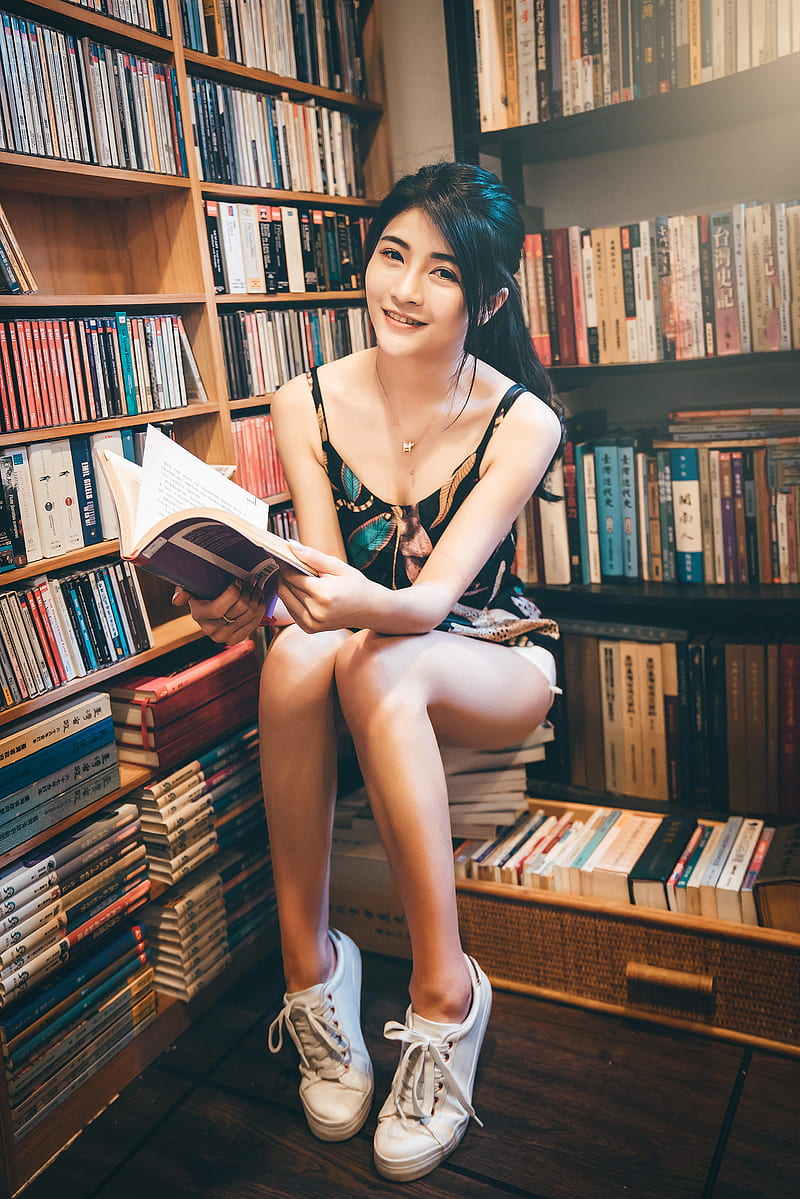 books, Asian, women, sitting, model, HD phone wallpaper