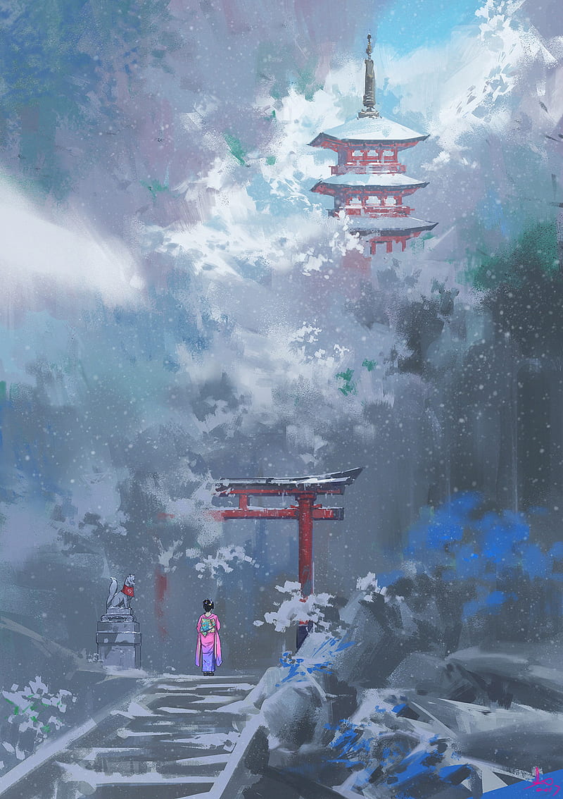 anime landscape, shrine, anime girl, kimono, winter, Anime, HD phone wallpaper