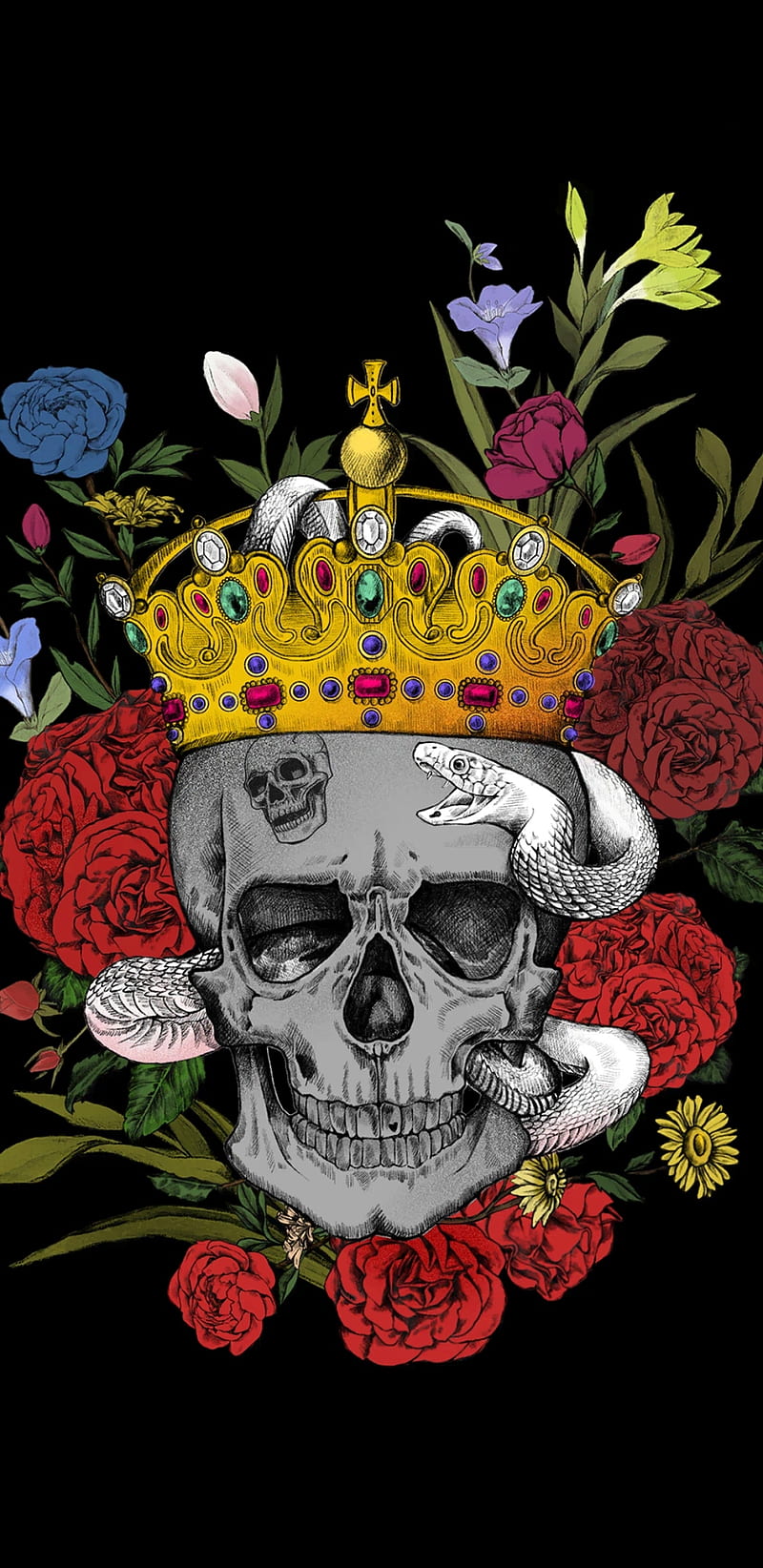 KingOfSkulls, crown, flowers, king, skull, skulls, snakes, HD phone wallpaper