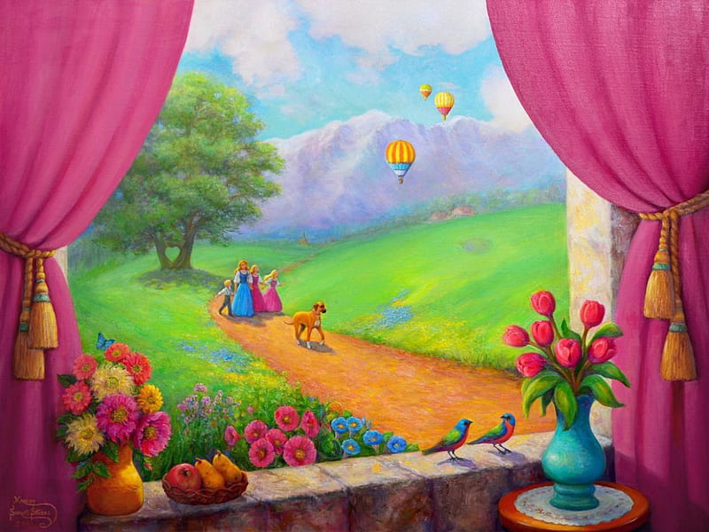 A beautiful day, family, colorful, house, grass, home, vase, bonito, countryside, mountain, painting, path, flowers, pink, kids, art, lovely, window, view, fun, spring, joy, balloons, summer, day, walk, meadow, HD wallpaper