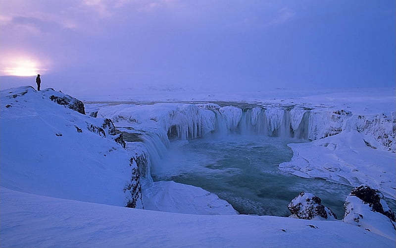Goðafoss Waterfall - Winter, Iceland, water, snow, waterfall, iceland, frozen, winter, HD wallpaper