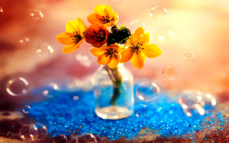 ..Concept of Spring.., pretty, colorful, conceptual, yellow, attractions in dreams, bonito, seasons, still life, graphy, flower arrangements, bright, bubbles, flowers, bottles, blue, lovely still life, lovely, colors, love four seasons, creative pre-made, spring, HD wallpaper