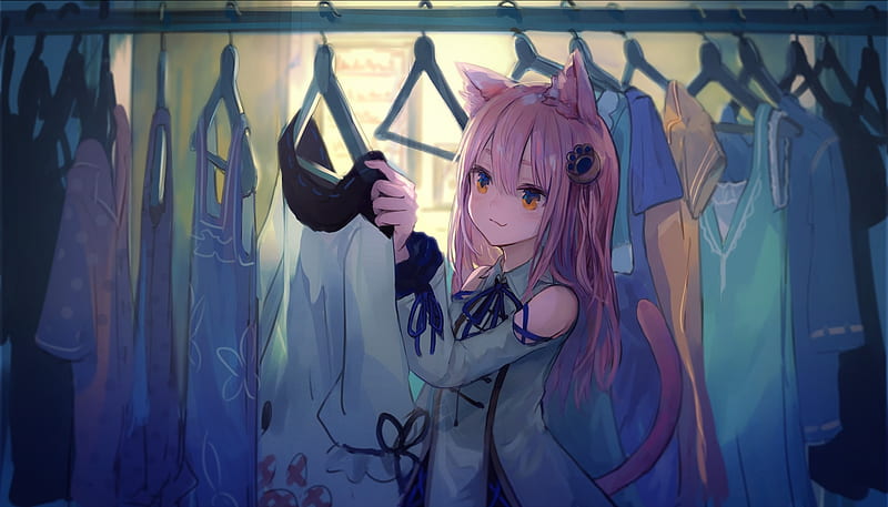 animal ears, cute, fang, pink hair, anime girl, dress, smiling.tail, Anime, HD wallpaper