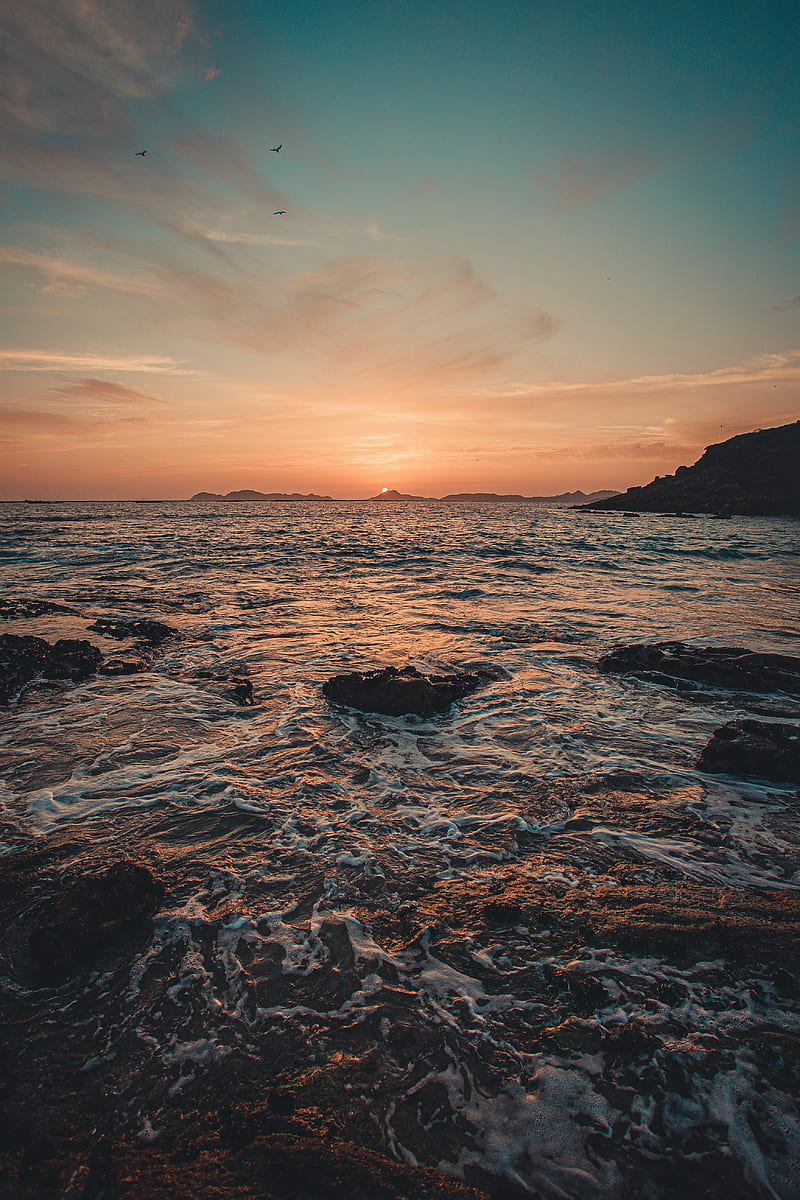 Sunset, sea, water, rocks, nature, HD phone wallpaper | Peakpx