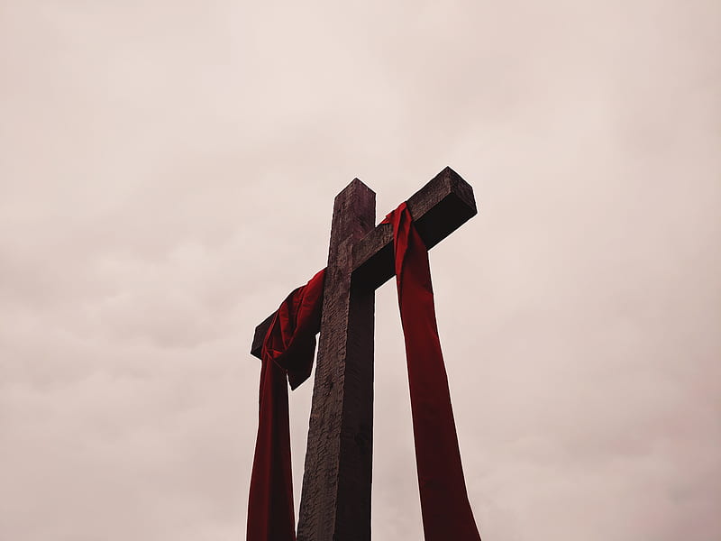 low angle view of cross with red garment, HD wallpaper